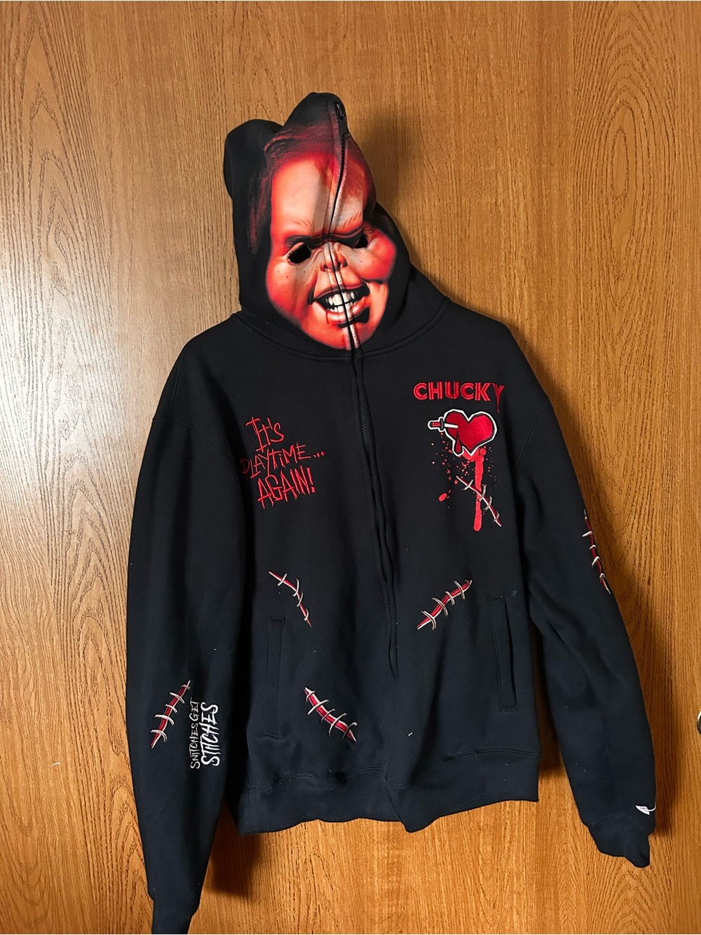 Chucky Black Zip-Up Hoodie with Graphic Mask Hood
